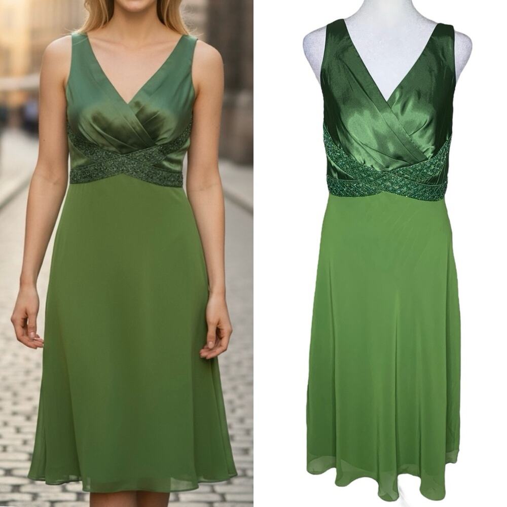 Milano Green Satin Chiffon Beaded Cocktail Dress XL NWT NOS Fairy Vintage